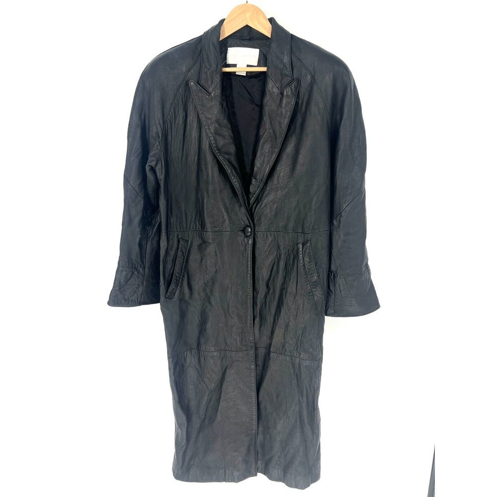 THE LIMITED Crinkle Leather Trench Coat Womens Size‎ S Black Retro Vintage 80s